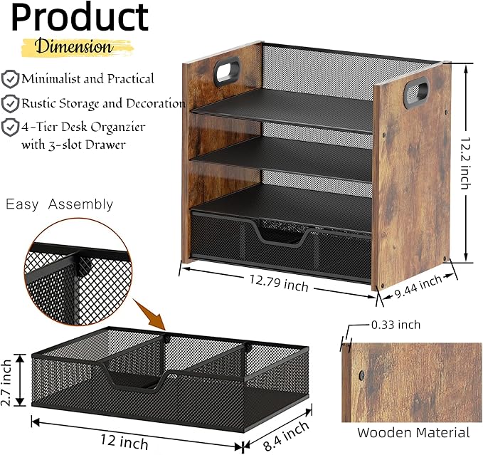Desk Organizer - 4 Tier Desktop File Organizer with Drawer, Wooden Paper Tray Organizer, Office Desk Accessories Organizer for Papers, Mail, Notebooks, Stationery