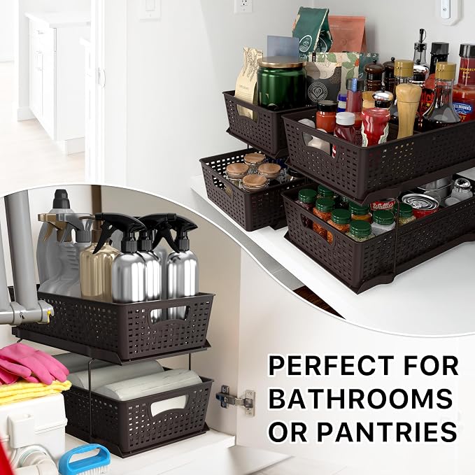 Simple Houseware 2 Tier Pull-Out Sliding Drawer Under Sink Storage, Brown | Great for Kitchen Bathroom Tray Shelf Organizer