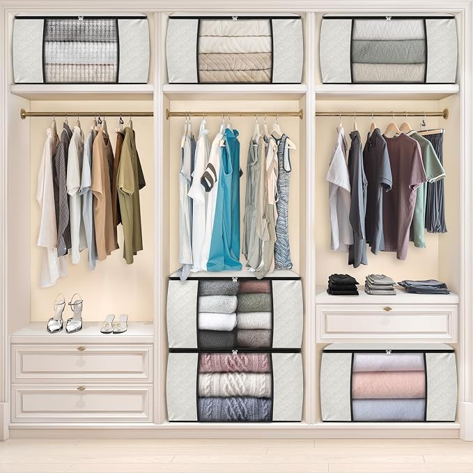 Fab totes 8 Pack Clothes Storage, Foldable Thick Fabric Blanket Storage Bags, Containers for Organizing Bedroom, Closet, Clothing, Comforter, Organization with Handle,Ivory White