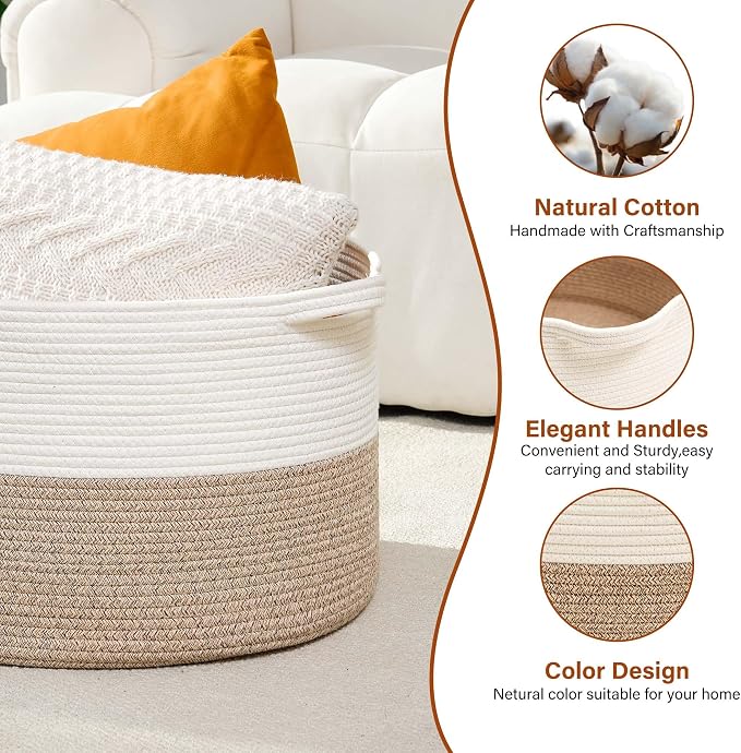 Foldable Laundry Hamper Basket with Collapsible Handle Cotton Rope Soft Woven Fabric Storage Organizer Clothes Toys Nursery Bedroom Dorm Space Saving Bin (White & Brown, 80L(21.7"D x 13.8"H))