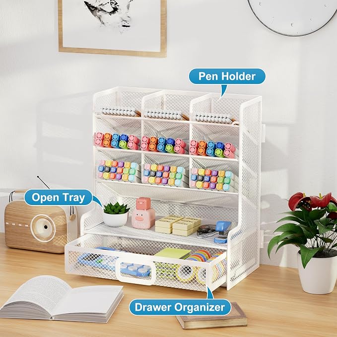 Marbrasse Larger Mesh Desk Organizer with Drawer, Multi-Functional Pen Pencil Holder, Easy Assembly, Desk Organizers and Accessories for Office Art Supplies (White) | Multi-Functional Pen Pencil Holder, Easy Assembly, For Office Art Supplies