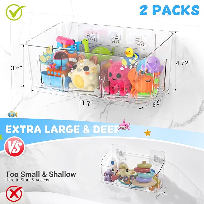 Bath Toy Storage 4 Packs, Large Bath Toy Holder - 3 Compartments, Quick-Dry | BPA-Free Bathtub Toy Organizer, Wall-Mounted Adhesive Shower Caddy, Bathroom Toy Basket & Bin for Baby, Toddler, Kids, Clear
