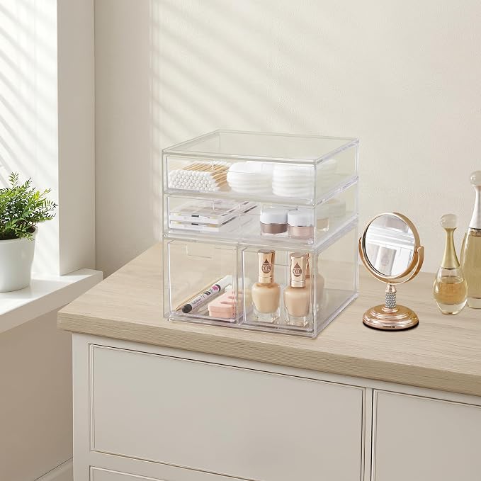 STORi Stackable Desk Organizer Drawers, Clear Pen Pencil Makeup Brush Holder for Desktops and Vanities, 4 Multi-size Drawers (Made in USA)