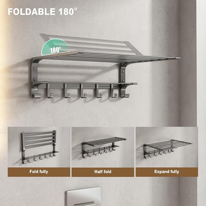 VOLPONE 24 Inch Towel Rack with Towel Bar Holder Foldable Large Towel Shelf with Movable Hooks Rustproof Widened Towel Storage Rack Wall Mount for Bathroom Lavatory Matte Grey