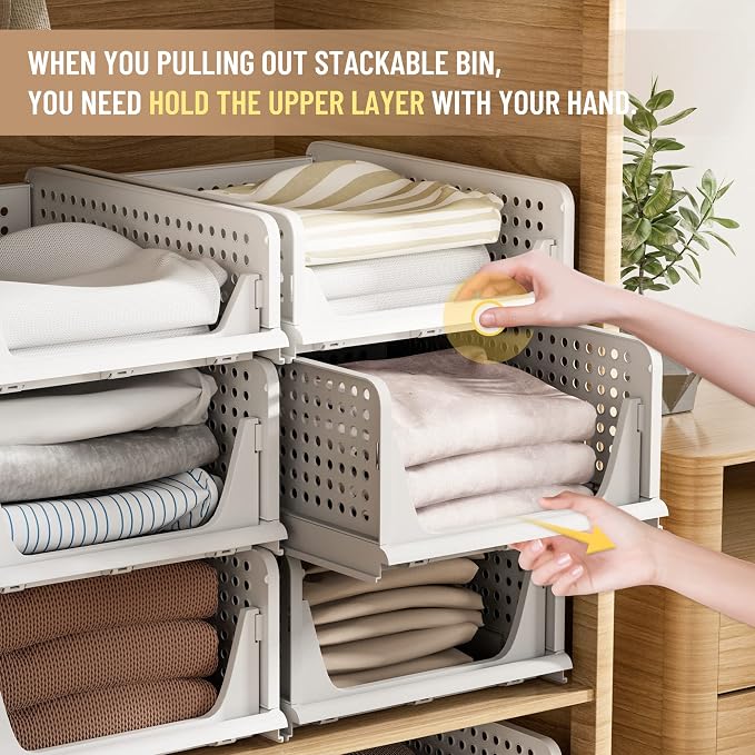 Pinkpum 6 Pack Closet Organizer Storage Bins Stackable Plastic Drawer Shelf | Basket for Clothing Stackable Storage Bins Shelf Storage Container for Closet Wardrobe Bedroom Bathroom Office White Foldable