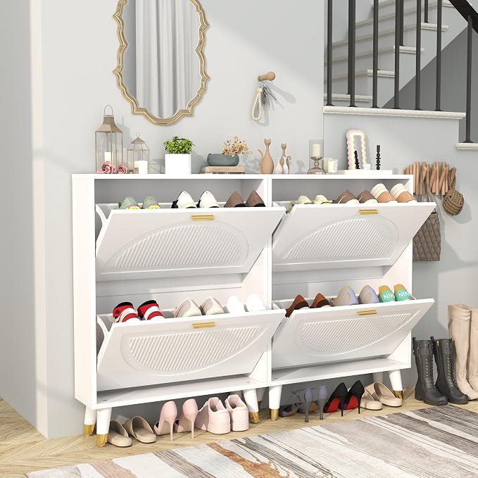 White Shoe Cabinet Storage for Entryway: Modern Hidden Shoe Storage Cabinet, Shoes Rack with 4 Flip Drawers, Wood Small Organizer with Doors (2 Pieces，25")