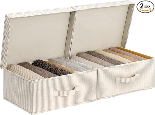 StorageWorks Storage Bins with Lid, Decorative Fabric Storage Bins with Handles, Stackable Closet Organizers for Shelves and Bedroom, Small, Khaki and Beige Stripes, 2-Pack