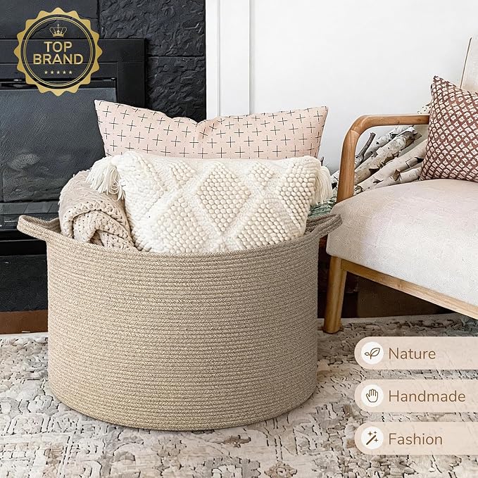 INDRESSME 115L Extra Large Woven Wicker Blanket Basket Living Room | 23.6" x 15.7" Storage baskets for toys laundry & pillows. Fits living room, bedroom or nursery décor. Soft-touch with handles