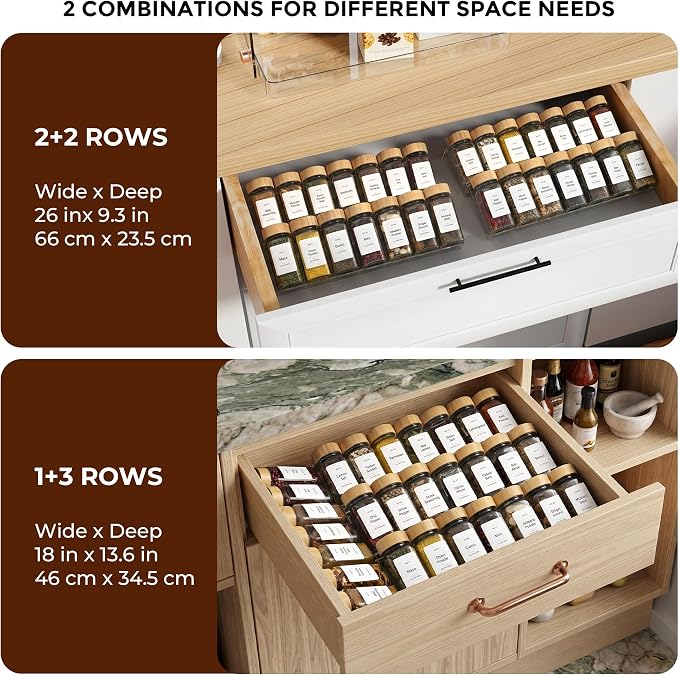 Acrylic Spice Drawer Organizer with 28 Spice Jars and 216 Labels,Non-slip Rubber, 4 Tier Spice Racks Tray Seasoning Containers for Kitchen Drawers,Cabinets,Countertops,13" Wide * 18" Deep