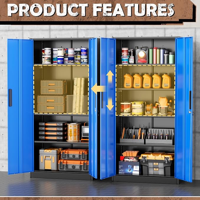 INTERGREAT Metal Storage Cabinet, 72” H Storage Cabinet with Doors and Adjustable Shelves for Office, Home, Garage, Pantry (Assembly Required, Black Blue)