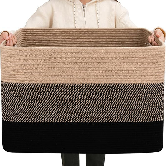 OIAHOMY 108L Super Large Blanket Basket, 25”x16”x16” Rectangle Woven Baskets for Storage, Cotton Rope Basket For Living Room, Toy Storage with Handle- Yellow and Black