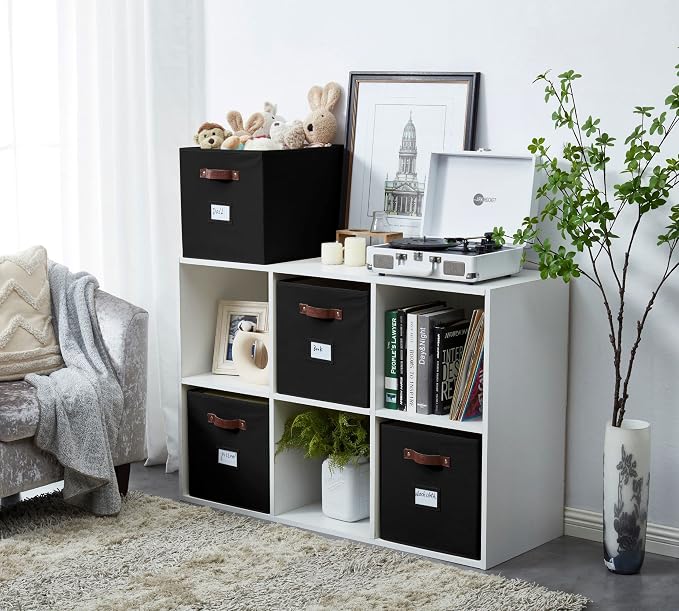 DECOMOMO Storage Bins, Storage Baskets for Shelves | 13" x 15" x 13" Storage Cube Bins with Labels for Organizing Shelves (Kallax, 4pcs, Black)