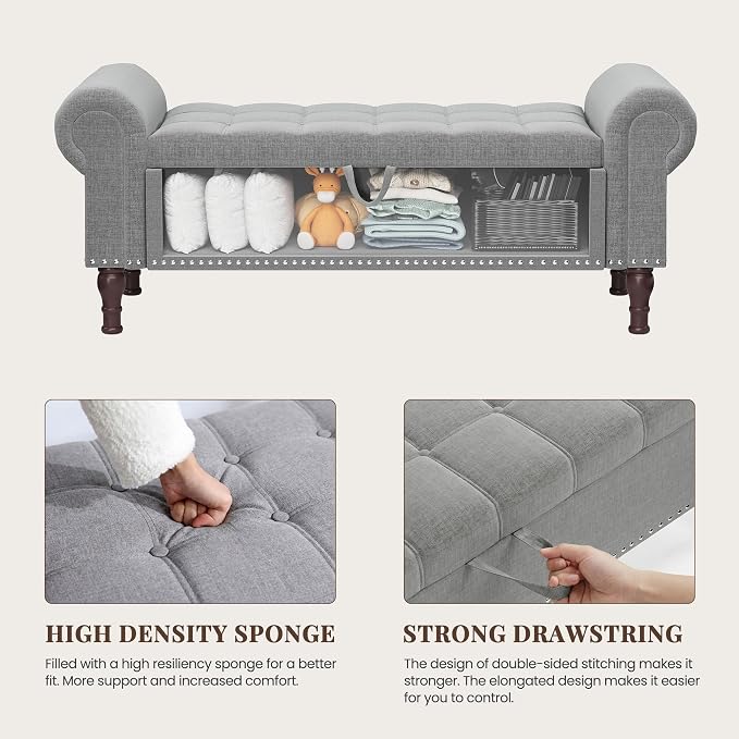 YOUDENOVA Ottoman with Storage, 51" End of Bed Bench with Rolled Arms, Upholstered Storage Bench with Vintage Rivets for Bedroom, Living Room, Entryway, Light Gray