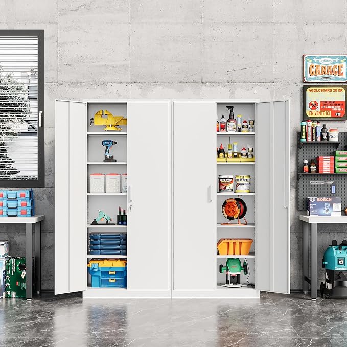 Fesbos Metal Storage Cabinet-72” Tall Steel File Cabinets with Lockable Doors and 5 Adjustable Shelves-White Steel Storage Cabinet for Home, School, Office, Garage
