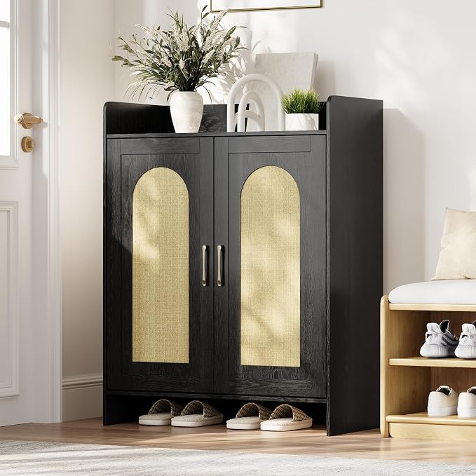 Garvee Shoe Cabinet Storage for Entryway, Rattan Storage Cabinet, Wooden Shoe Rack with 2 Doors, Farmhouse Boho Wood Shoe Organizer Cabinet for Entrance Hallway Living Room Foyer