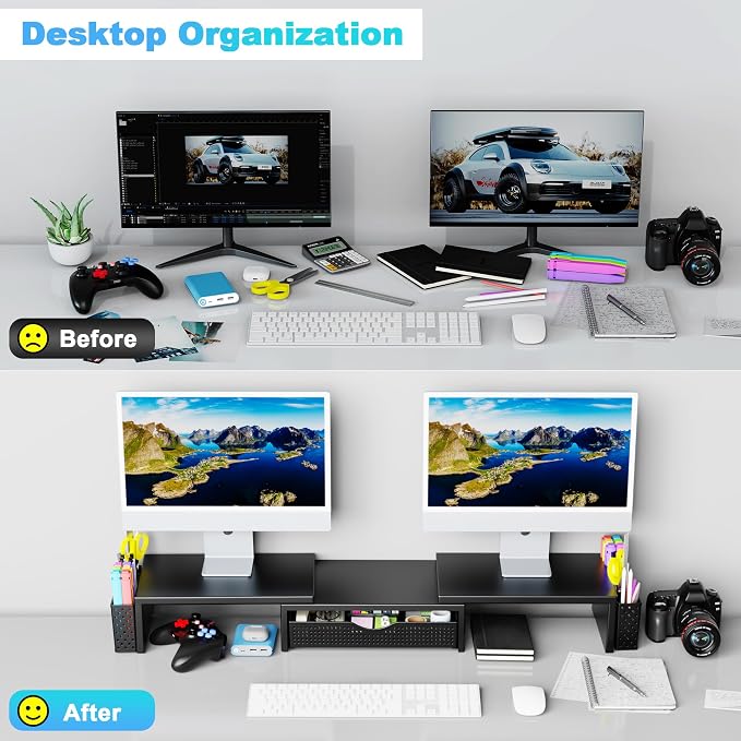 Spacrea Dual Monitor Stand Riser with Drawer and 2 Pen Holders | Monitor Riser Desk Organizers and Accessories,Desk Accessories & Workspace Desktop Organizers for Office Supplies (Black)