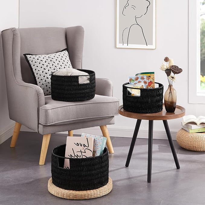 Wicker Storage Basket, Hand-Woven Paper Rope Large Round Woven Basket With Handles, Wicker Baskets for Organizing/Storage, Black, 3-Pack