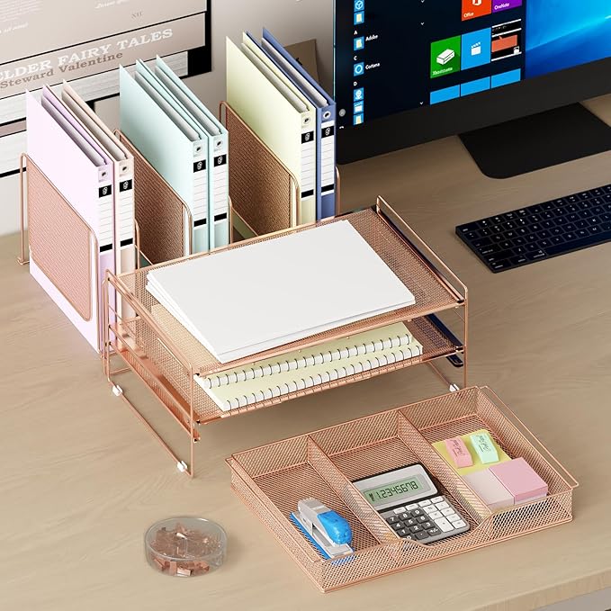 LEKETREE Rose Gold Desk Organizer, Office Organization with Vertical File Holder, File Organizer with Drawer and Office Supplies, Desk Accessories and Workspace Organizers (Rose Gold)