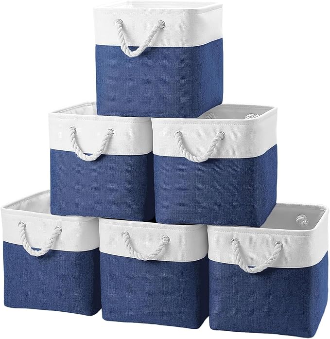 Cube Storage Bins, Collapsible Fabric Storage Cubes Bins, 11 Inch Cube Storage Bins with Handles, Foldable Storage Cubes (White/Navy, 6Pack)