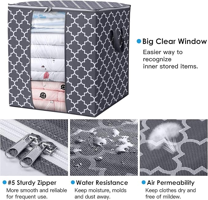 WISELIFE Storage Bags 3 Pack/100L Large Blanket Clothes Organization and Storage Containers for Comforters,Bedding, Foldable Organizer with Reinforced Handle, Clear Window, Sturdy Zippers,Gray