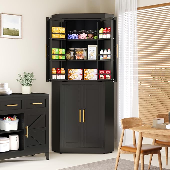 Farmhouse Corner Cabinet, 63" Tall Corner Storage Cabinet with 4 Doors & 3 Adjustable Shelves, Free Standing Storage Cabinet for Living Room, Kitchen, Bathroom, Black