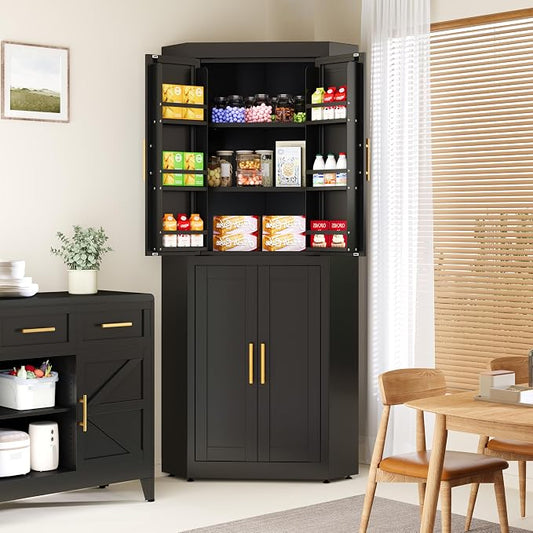 Farmhouse Corner Cabinet, 63" Tall Corner Storage Cabinet with 4 Doors & 3 Adjustable Shelves, Free Standing Storage Cabinet for Living Room, Kitchen, Bathroom, Black