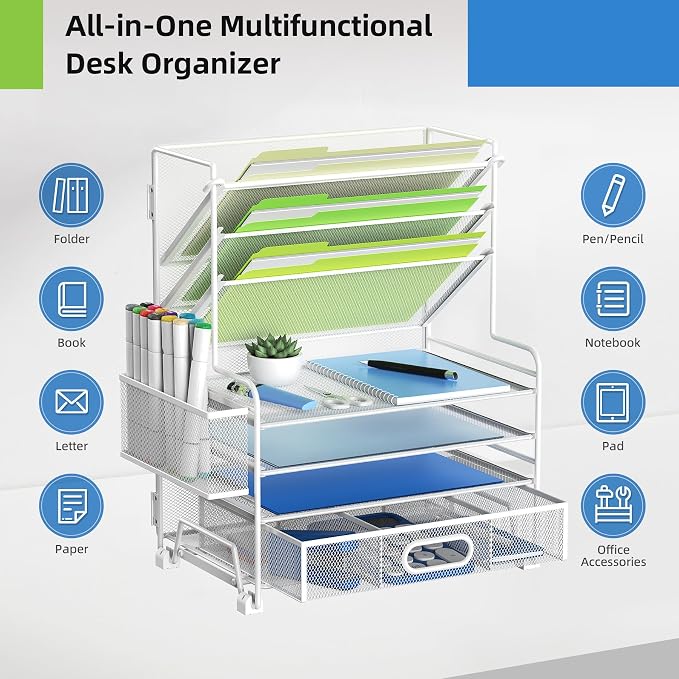 MINDEPOT 4-Tier Paper Organizer + 3-Pocket File Holder + Drawer + Pen Holders, Desktop File Organizers Paper Tray for Office Supplies School Classroom Organization (White, with Drawer & Pen Holder)