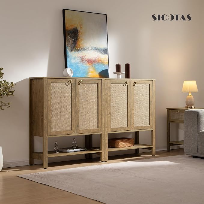 SICOTAS Shoe Storage Cabinet for Entryway, 5 Tier, 2 Pieces | Rattan Entry Shoe Organizer Cabinet with Shelves & Doors, Boho Shoe Rack for Hallway, Living Room, Closet (Carbon Cherry)