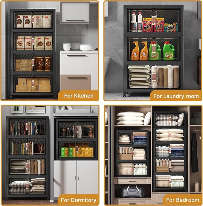 Stackable Storage Bins with Lids, 672QT Closet Organizers and Storage Cabinet with Doors & Wheels, Lockable Plastic Foldable Drawers for Bedroom Dorm Office Garage（168QT*4,Black）