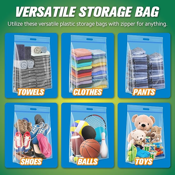 HIBAG 15 Gallon Large Storage Bags, 24” x 24” Resealable Clear Bags with Handle, Extra Large XL Heavy Duty for Clothes Pillow Travel Moving, Pack of 15