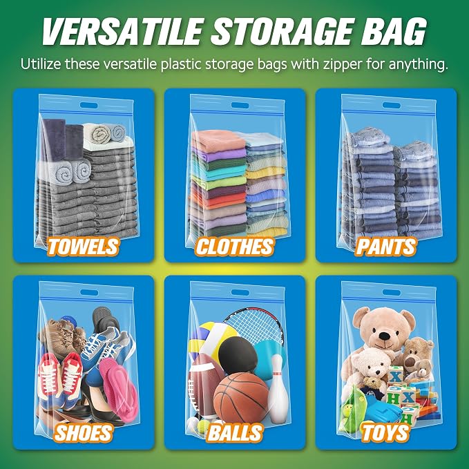 HIBAG 15 Gallon Large Storage Bags, 24” x 24” Resealable Clear Bags with Handle, Extra Large XL Heavy Duty for Clothes Pillow Travel Moving, Pack of 10