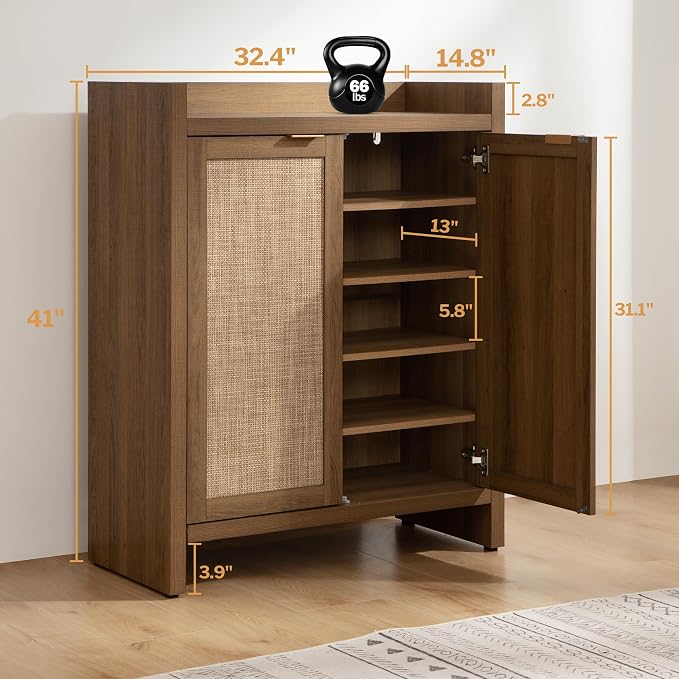 SICOTAS Shoe Cabinet Set of 2 Large Capacity Shoe Storage Organizer Cabinet | Tall Rattan Shoe Cabinet with Doors and Shelves, 6-Tier Farmhouse Boho Wooden Storage Cabinet for Entryway Hallway