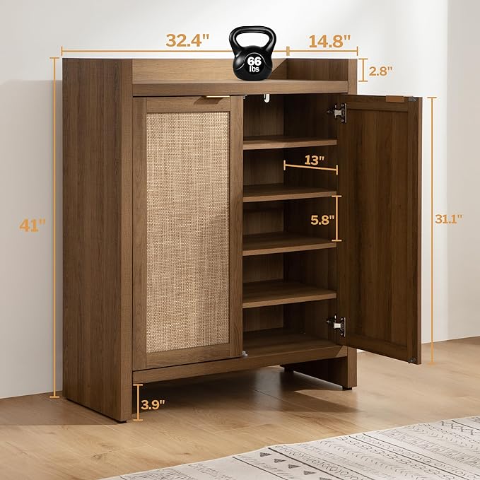 SICOTAS Shoe Cabinet Set of 3 Large Capacity Shoe Storage Organizer Cabinet | Tall Rattan Shoe Cabinet with Doors and Shelves, 6-Tier Farmhouse Boho Wooden Storage Cabinet for Entryway Hallway