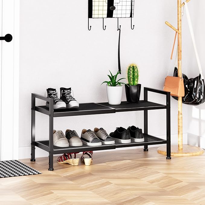 2 Tier Shoe Rack, Expandable Shoe Rack for Closet, Adjustable Shoe Organizer for Entryway, Shoe Storage Organizer for Door Entrance, Garage, Bedroom