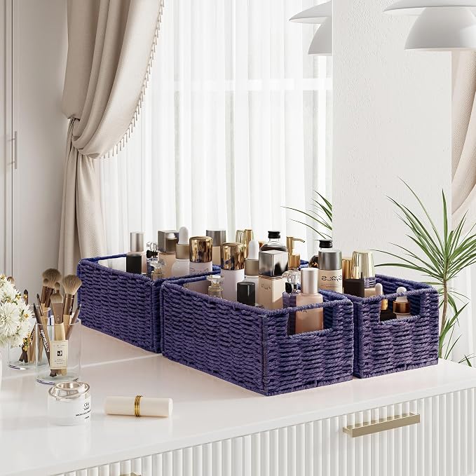 Vagusicc Wicker Storage Basket, Set of 2 Hand-Woven Paper Rope Wicker Basket, Small Storage Baskets for Organizing Toilet Paper, Foldable Small Cube Organizer Bins for Shelves (Purple)