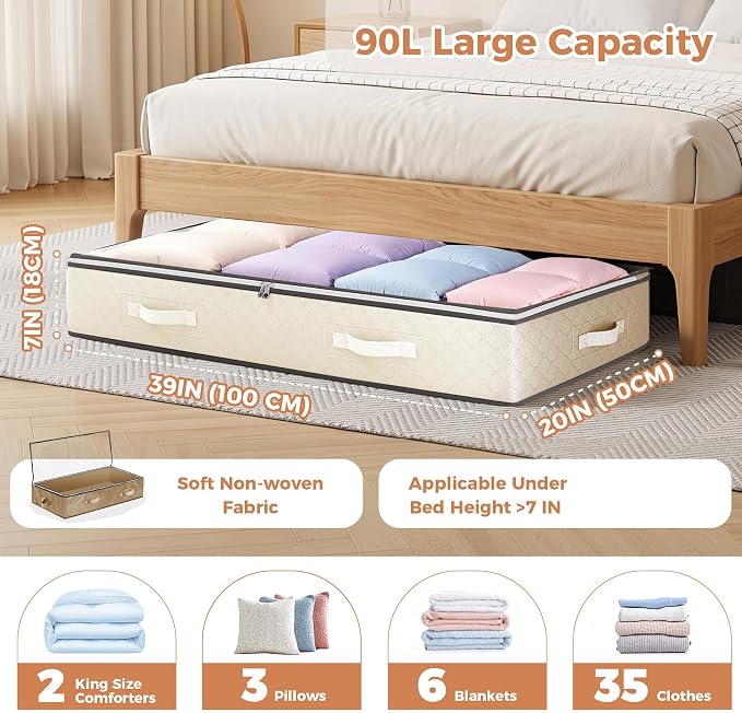 Budding Joy 90L Under Bed Storage Containers, 2 Pack Beige | Underbed organizers and clothing storage bags, closet storage bins with for blanket comforter bedding clothes bedroom dorm