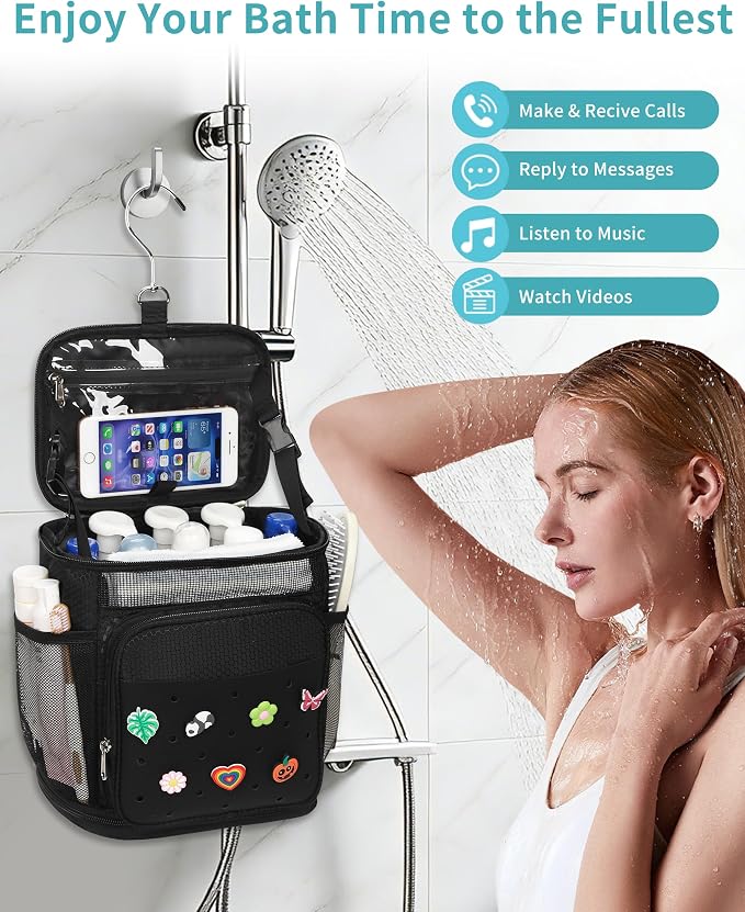 Hanging Shower Caddy Portable, Mesh Shower Bag for College Dorm Room Essentials, Large Capacity Shower Organizer Basket with DIY Decoration Charms, Toiletry Bag for Bathroom, Gym, Swim, Camping, Beach