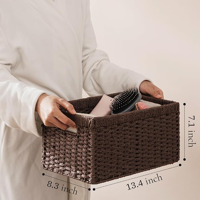 UBBCARE 3 Pack Wicker Basket, 13.4L×8.3H×7.1W inch Woven Paper Rope Storage Baskets for Shelves, Foldable Rectangular Storage Baskets with Handle, Storage Basket for Organizing, Dark Brown