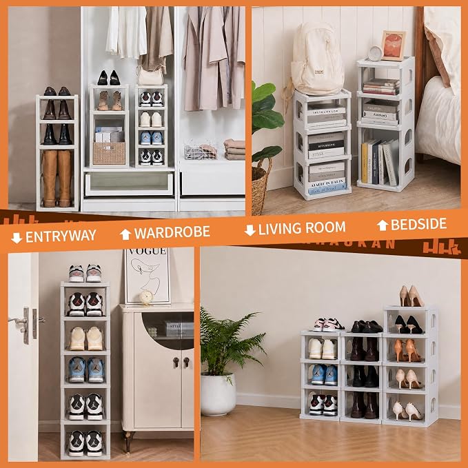 5 Tiers Vertical Shoe Rack for Closet Narrow Shoe Holder Storage Organizer, Plastic Free Standing Shoe Rack Shelf for Entryway Stackable Stability DIY, Grey