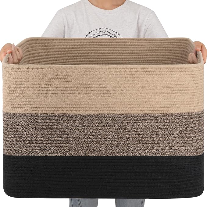 OIAHOMY 108L Super Large Blanket Basket, 25”x16”x16” Rectangle Woven Baskets for Storage, Cotton Rope Basket For Living Room, Toy Storage with Handle - Yellow Black