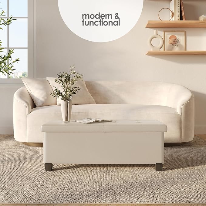 Storage Ottoman Bench with Bins, 43-in Storage Bench for Bedroom End of Bed, Folding Foot Rest Ottoman for Living Room Max 660lbs, Leather Ottomans, Beige