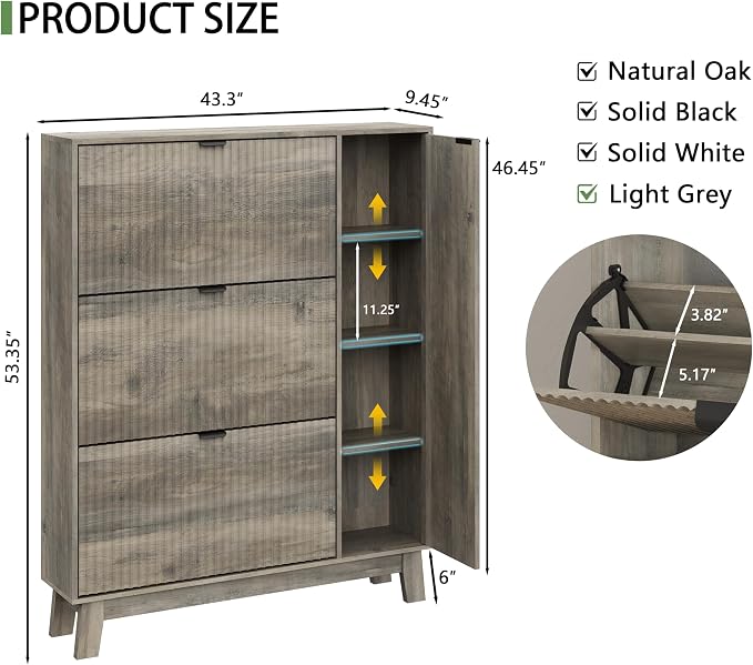 Xixini Shoe Cabinet with 3 Flip Drawers, 54" Tall Narrow Fluted Shoe Storage Organizer for Entryway, Hidden Wooden Shoe Rack with Adjustable Side Cabinet for Front Door Entrance, Hallway, Light Grey
