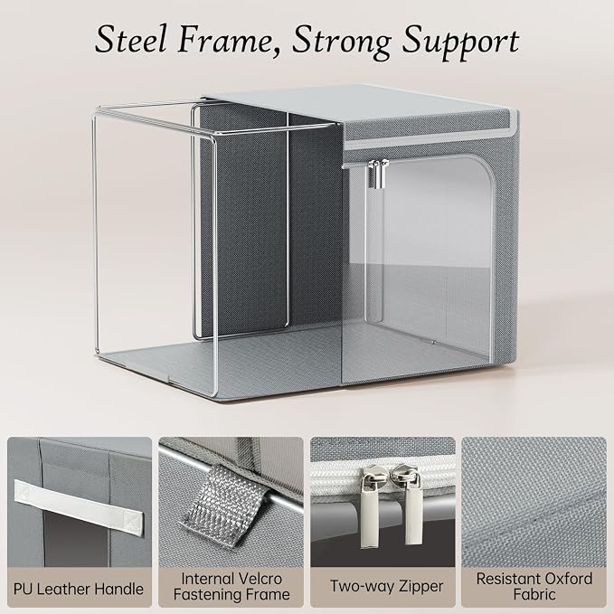 Yecaye Clothes Storage Bins with Metal Frame, Foldable Organizer Box, 40L | Stackable Zippered, With Lid, Clear Window＆ PU Leather Handles