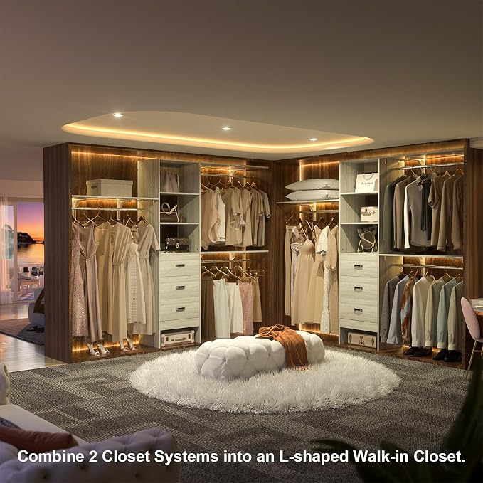 96" Wood Closet System with 3 Enclosed Drawers & 3 Solid Shelves, 8FT Adjustable Closet Organizers and Storage, Heavy Duty Modular Wardrobe for Reach-In & Walk-In, 1000 LBS Load, White Oak