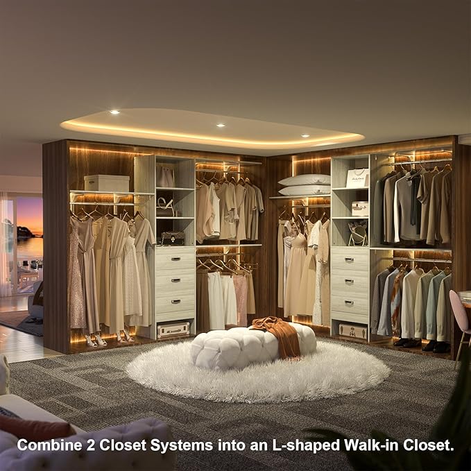 iSunirm 8FT Closet System, 96'' Closet Organizer System with 3 Hanging Rods, Wall Mount Bedroom Wardrobe with 3 Drawers Walk-in Closet, Adjustable Garment Rack from 5 to 8FT(Cut to Fit), White Oak