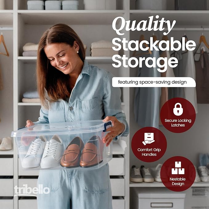Tribello Plastic Storage Bins with Lids, Clear Stackable Storage Containers - 16 Qt - 2 Pack