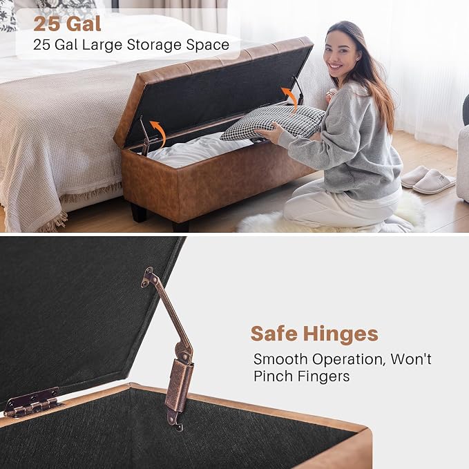 Redlife 42" Faux Leather Storage Ottoman Bench, End of Bed Storage Bench | Faux Leather, Solid Wood Leg, Safety Hinge, Modern Accent Leather Ottoman Storage for Bedroom Living Room Entryway, Brown