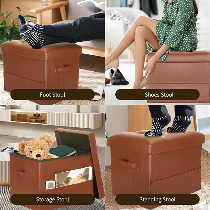 BelugaHelper Storage Ottoman Foot Rest Stool. Folding Ottoman with Storage with Thicker Foam Padded Seat. 330 lbs Footstool Bench for Living Room, Bedroom, Home Office Table, 17x13x13in, Light Brown | Small Ottoman with Storage with Thicker Foam Padded...