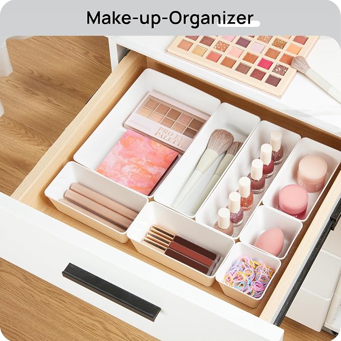Vtopmart 25 PCS Plastic Drawer Organizers Set, 4-Size Versatile Bathroom and Vanity Drawer Organizer Trays, Storage Bins for Makeup, Bedroom, Kitchen Gadgets Utensils and Office | 4-Size Versatile Makeup Organizer, Storage Containers Small Bins for Mak...