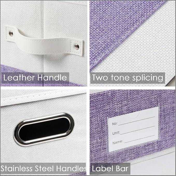 PRANDOM Storage Bins with Lids [3-Pack] Linen Fabric Foldable Storage Boxes Organizer Containers Baskets Cube with Cover for Bedroom Closet Office White&Purple (23.4X15.9X11.4)